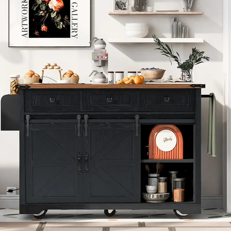 53.7-Inch Farmhouse Kitchen Island with Power Outlet, Featuring 2 Sliding Barn Doors and Drop Leaf Design - image 14