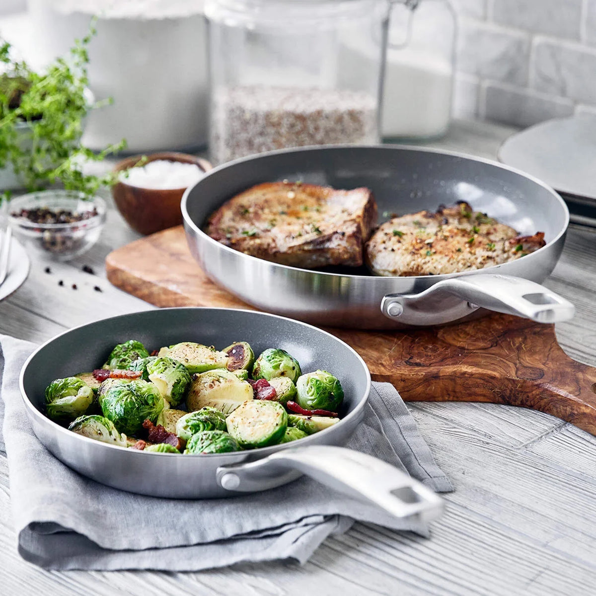 GreenPan Chatham Tri-Ply Stainless Steel Healthy Ceramic Nonstick Induction Suitable, 2 Piece Frypan Set, 8" and 10", Silver - image 2