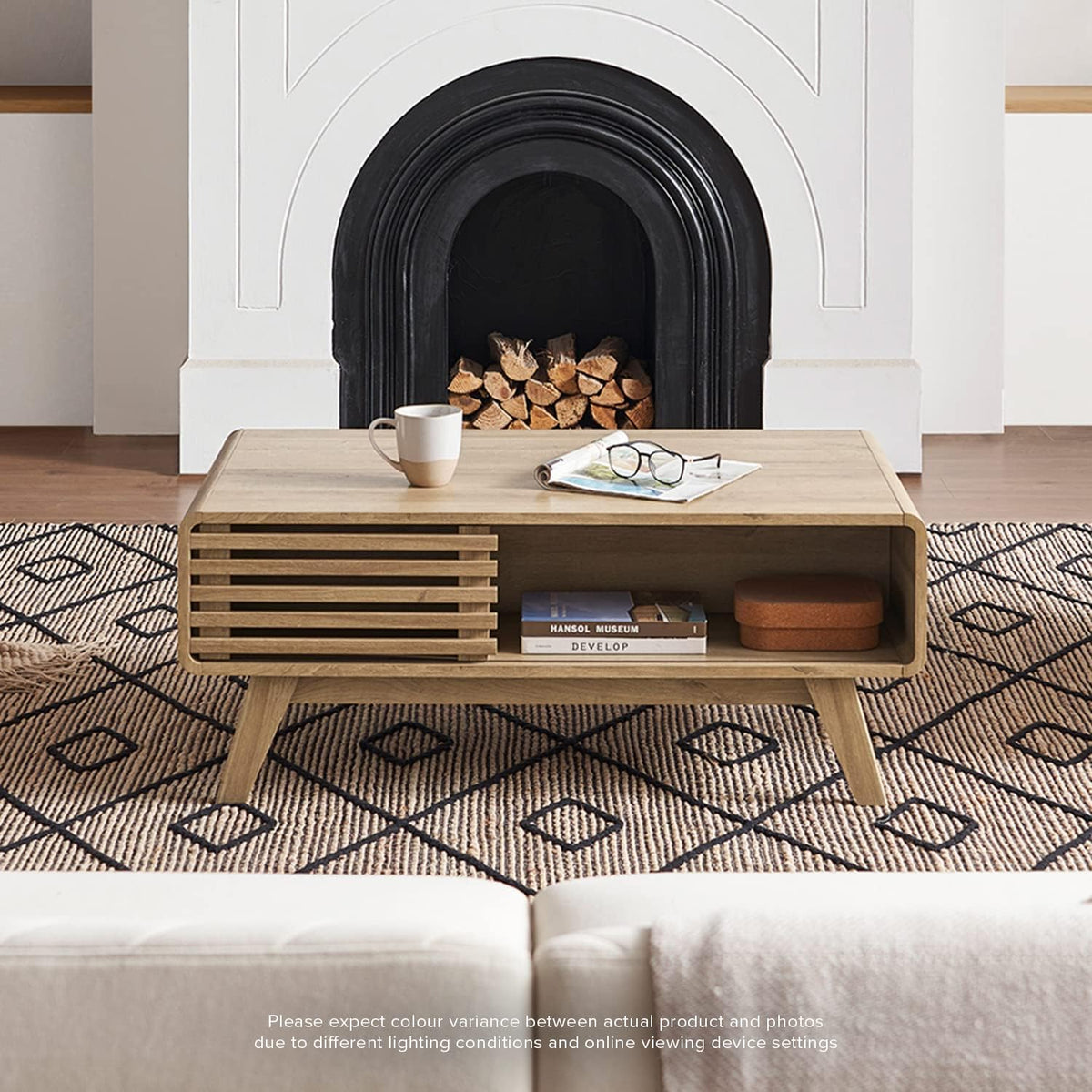 Mopio Ensley Mid Century Modern Rectangle Coffee Table with Dual Storage Shelf, Wood Slat Sliding Door, & Rounded Edge Protection for Living Room, Walnut Grain - image 21