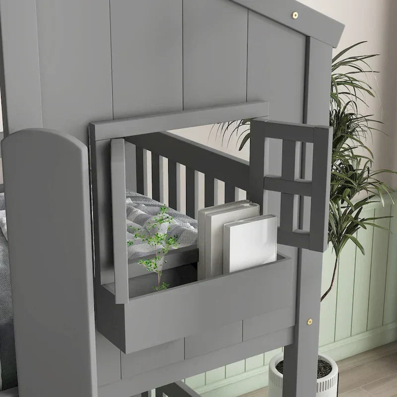 Twin over Twin House Bunk Bed with Roof , Window, Window Box, Door , with Safety Guardrails and Ladder, Grey - image 6
