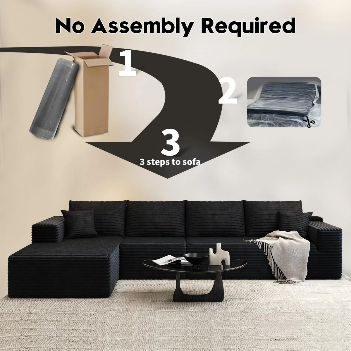 107.5" Cloud Modular Sectional Sofa Couch with L-Shape Chaise,Modern Minimalist Upholstered Couches for Living Room Bedroom,Deep Seat Corner Couch .No Assembly Required (Black,Left Facing Chaise) - image 22