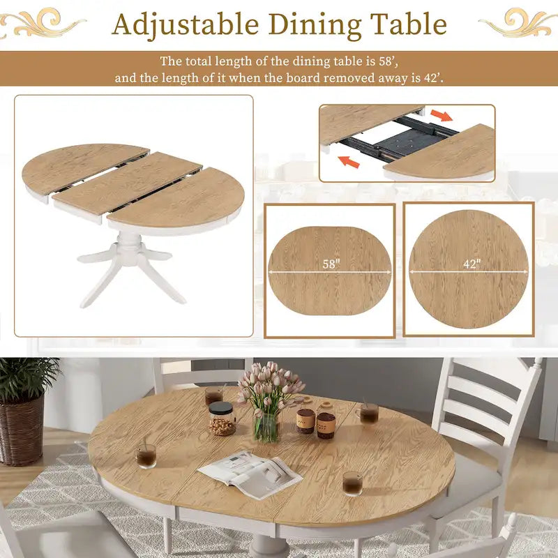 5-Piece Retro Wood Dining Set: Round Extendable Table with 4 Upholstered Chairs - image 16