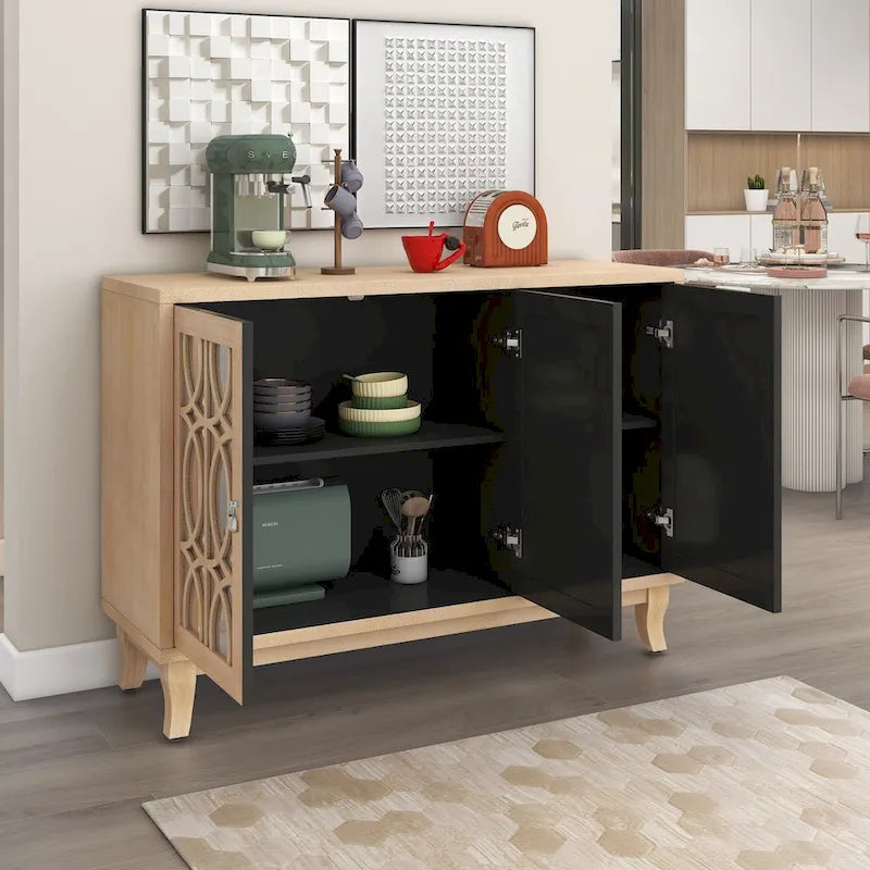 Mirrored Buffet Cabinet with Glass Doors and Silver Handles - 3-Door Sideboard for Living Room, Hallway, and Dining Room - image 16