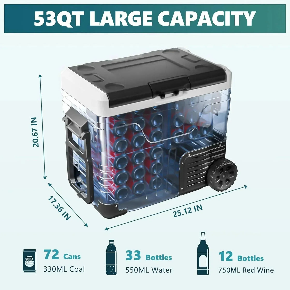 53QT Portable 12V Refrigerator Freezer, Dual Zone Electric Cooler with Wheels, 12V/24V DC & 110-240V AC for Travel, Truck, Boat, Camping - image 17