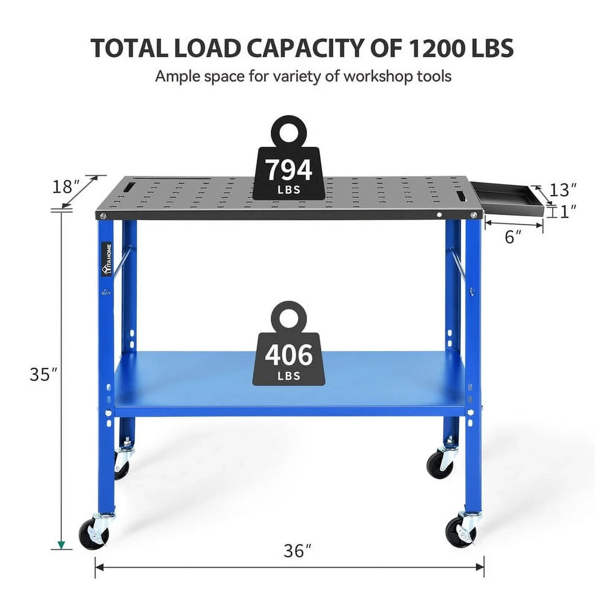 Uforic Welding Table w/360 Degree Swivel Brake Casters, 1200lb Load Capacity Heavy Duty Metal Workbench with 5/8" Holes for Welding Sawing, 36" x 18" - image 6