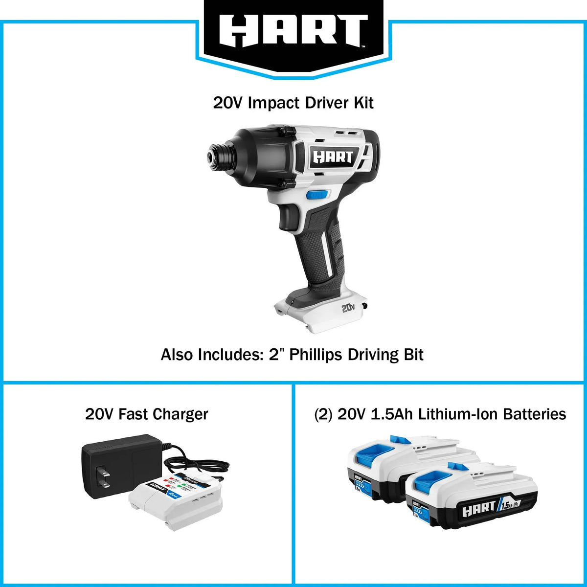 HART 20-Volt Cordless 1/4" Hex Chuck Impact Driver Kit, (2) 1.5Ah Lithium-Ion Batteries, Gen 2 - image 10