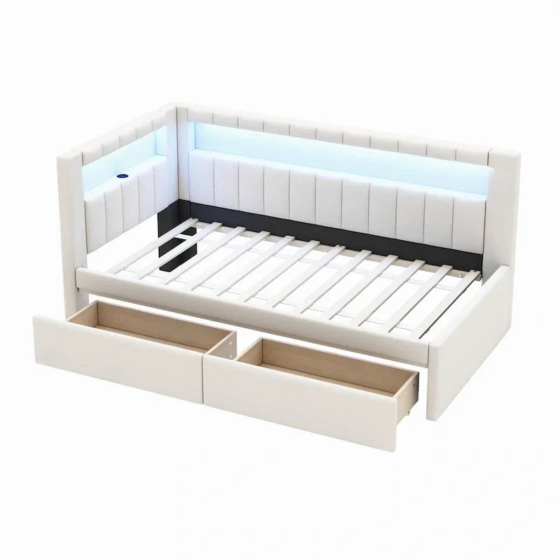 Upholstered Platform Bed with USB Ports & LED Lighting - Full/Twin Size Bed Frame with 2 Storage Drawers - Modern Bedroom - image 9