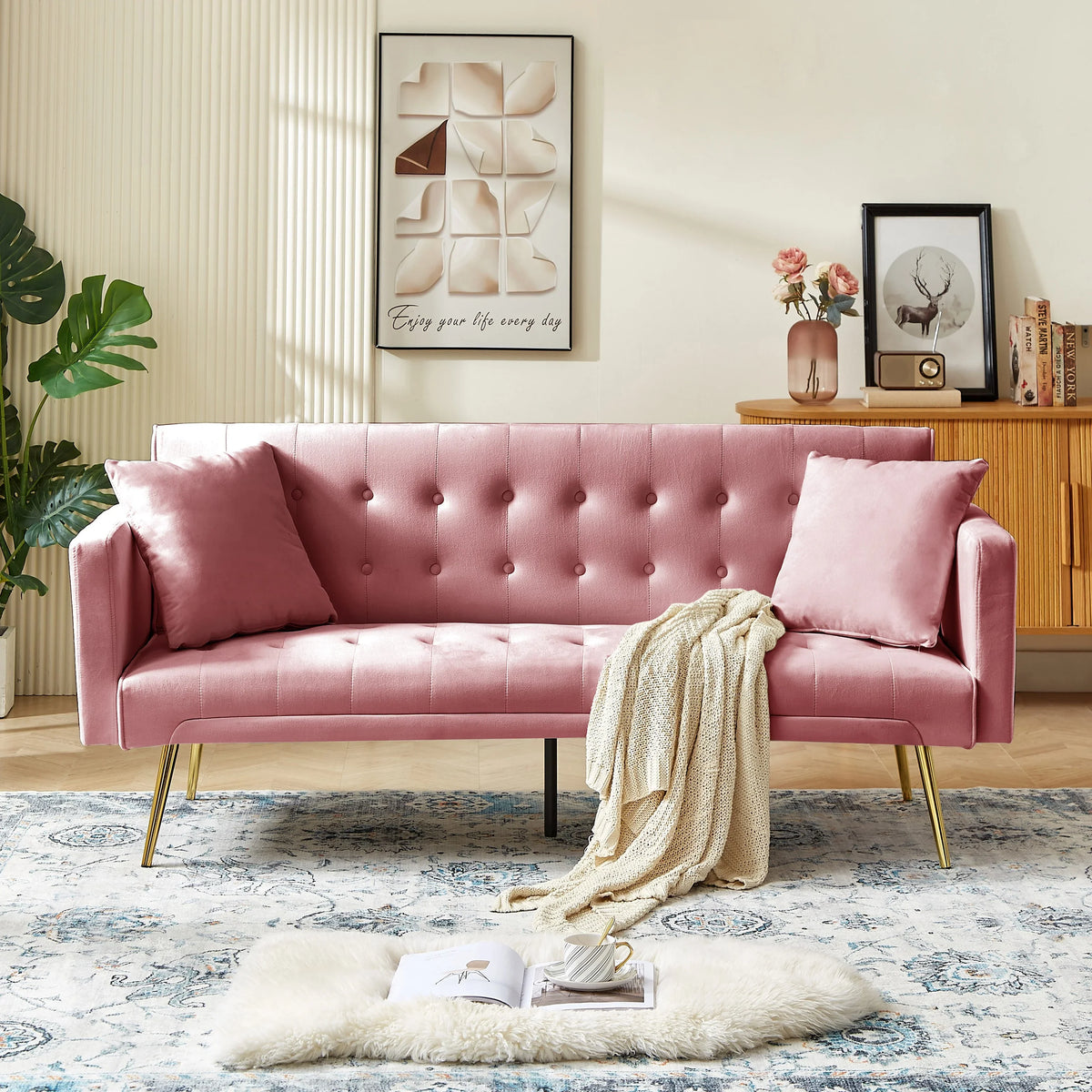 Leumius Velvet Futon Sofa Bed Mid-Century Modern Adjustable Backrest with Pillows, Gray/Gold - image 21