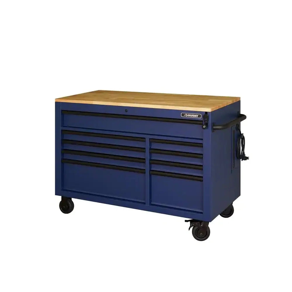 Heavy-Duty 52 in. 9-Drawer Mobile Workbench with Adjustable-Height Solid Wood Top in Matte Blue - image 1