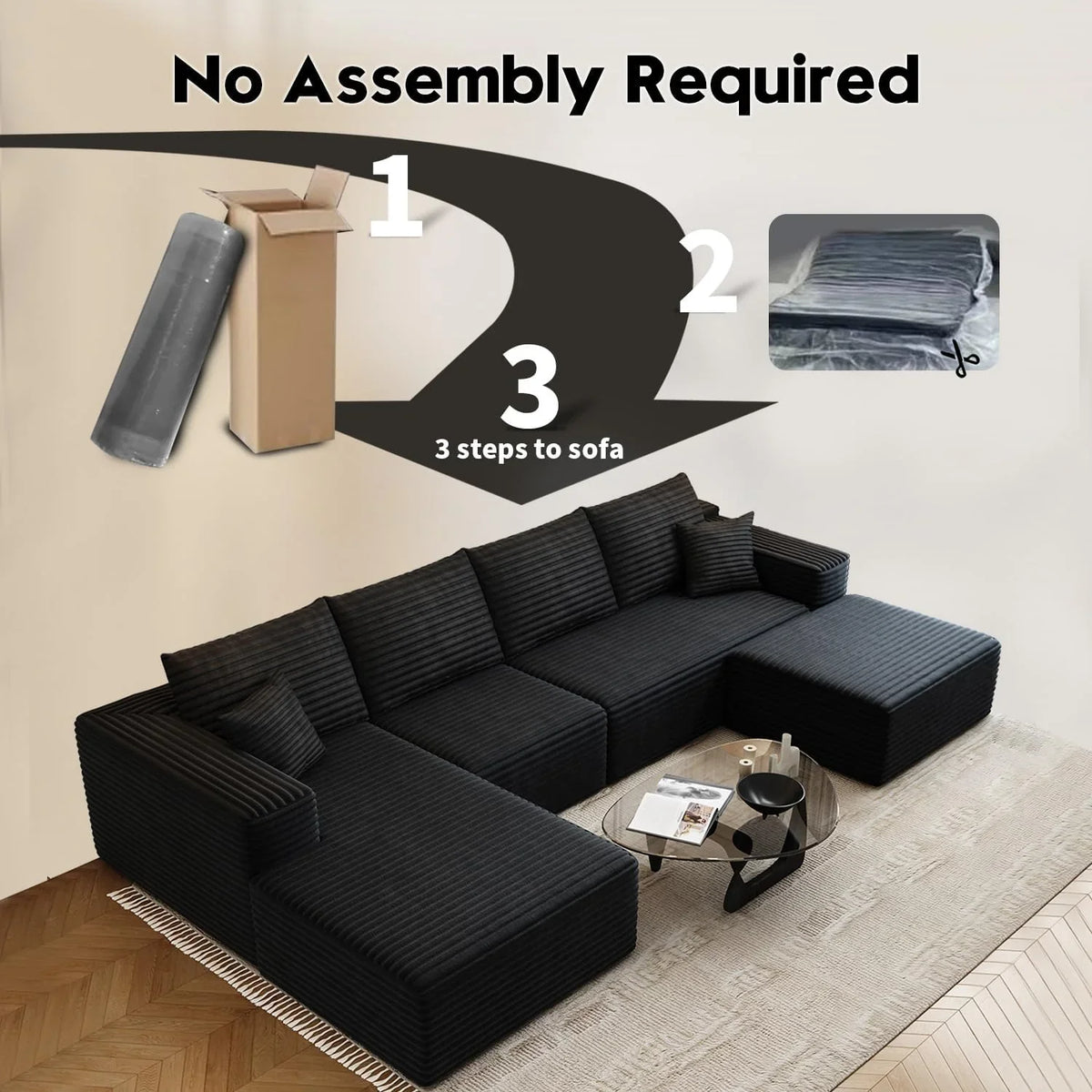 107.5" Cloud Modular Sectional Sofa Couch with L-Shape Chaise,Modern Minimalist Upholstered Couches for Living Room Bedroom,Deep Seat Corner Couch .No Assembly Required (Black,Left Facing Chaise) - image 62