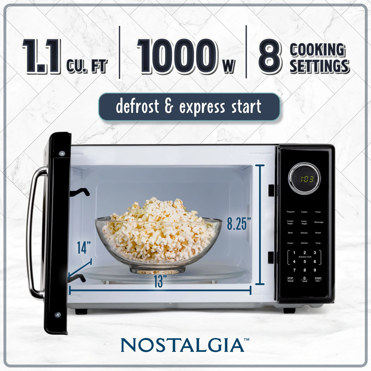 Nostalgia Retro Microwave Oven - 1.1 Cu Ft & 1000-Watt Countertop Size with Glass Turntable, Child Safety Lock, 8 Auto-Cook Programs & Digital Clock - Black - image 2