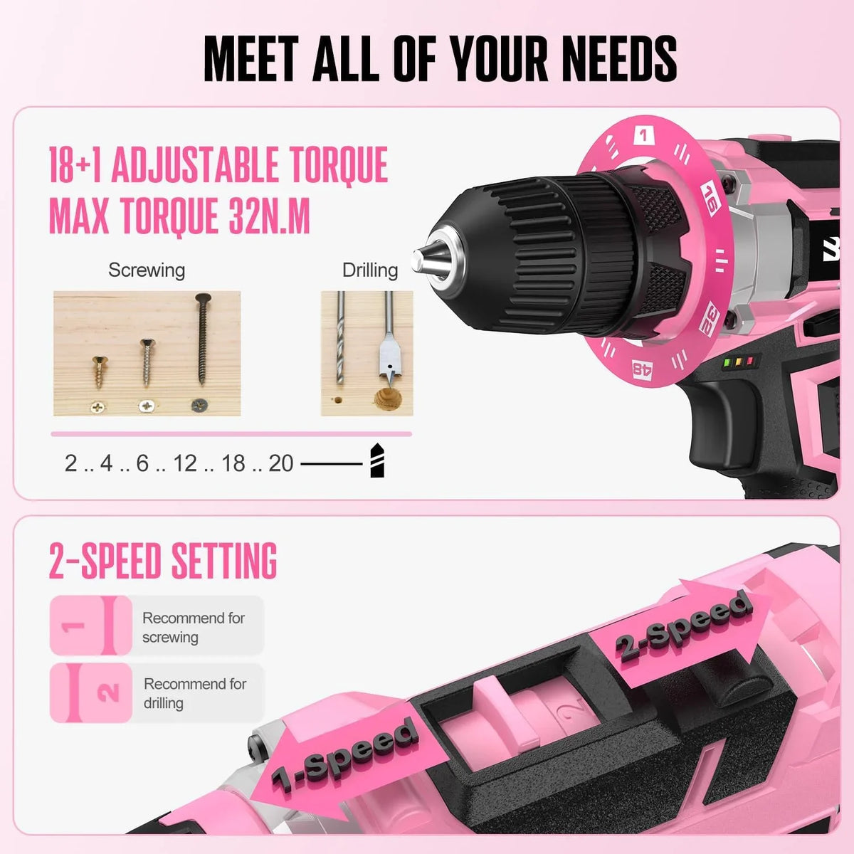 20V 236Pcs Cordless Pink Drill Set - Essential Women's Pink Tool Set, Lady's Basic Home Tool Kit with Pink Tool Bag - All in One Pink Tool Kit Ideal - image 3