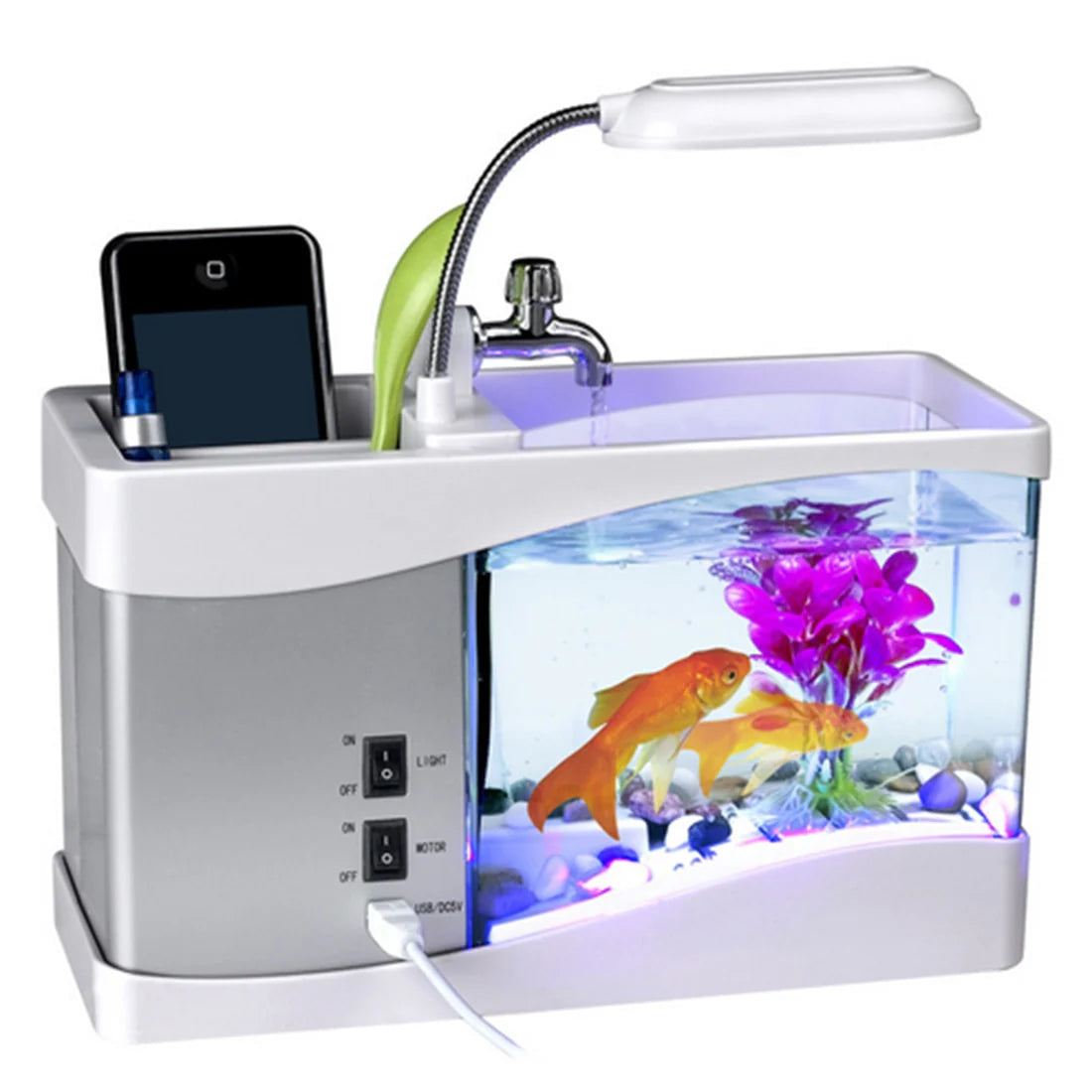 Mini Aquarium Perpetual Calendar Alarm Clock with USB Flowing Lights – LED Desk Fish Tank - image 3
