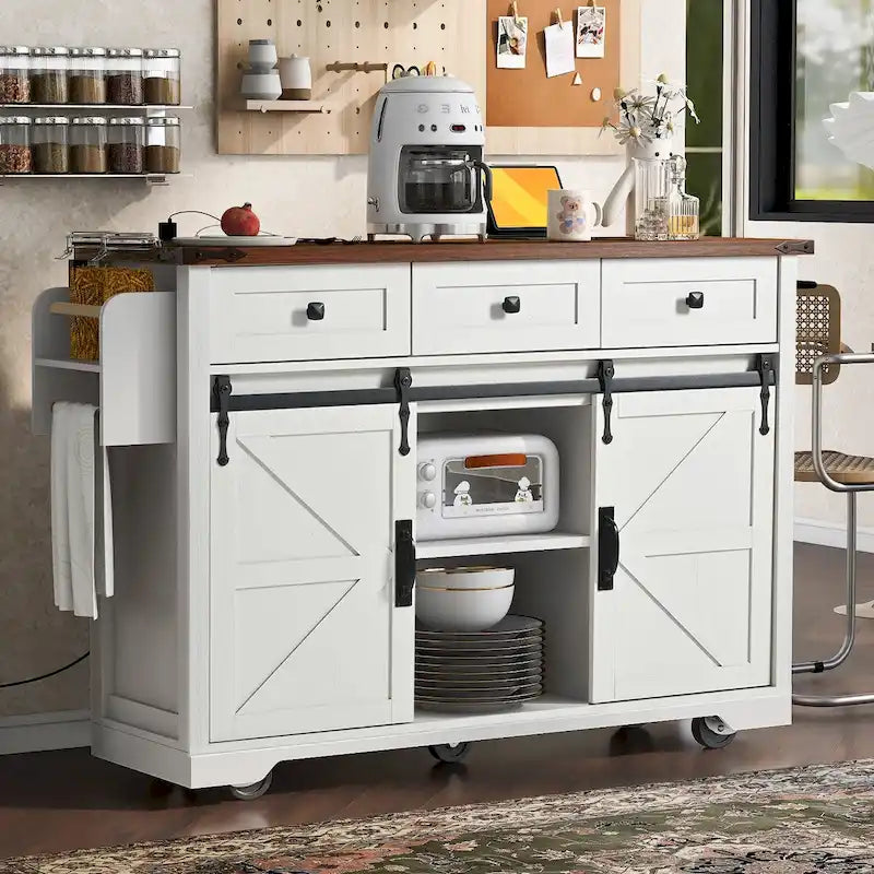 53.7-Inch Farmhouse Kitchen Island with Power Outlet, Featuring 2 Sliding Barn Doors and Drop Leaf Design - image 4