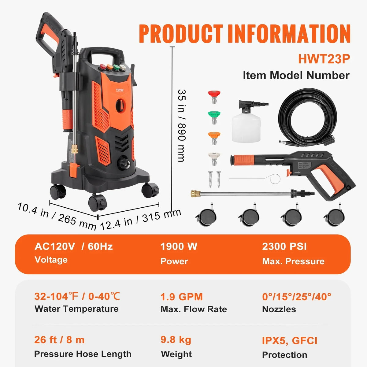 BENTISM Electric Pressure Washer 2300 PSI 1.9 GPM 1900W Cold Water Wheeled - image 7