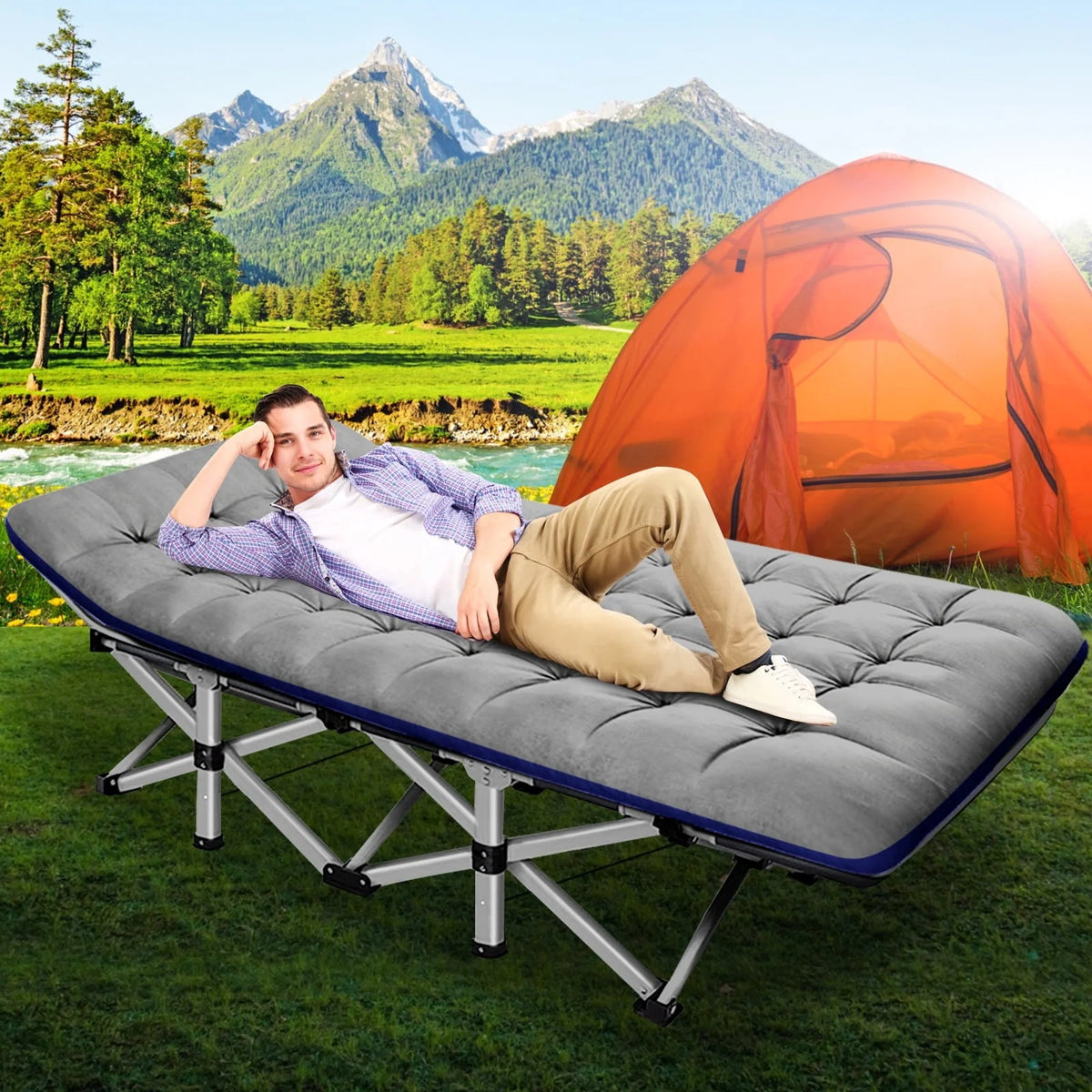 Slsy Folding Camping Cot for Adults, Folding Cot Bed for Sleeping with 2 Sided Mattress & Carry Bag, Tent Cot, Supports 880 lb - image 9