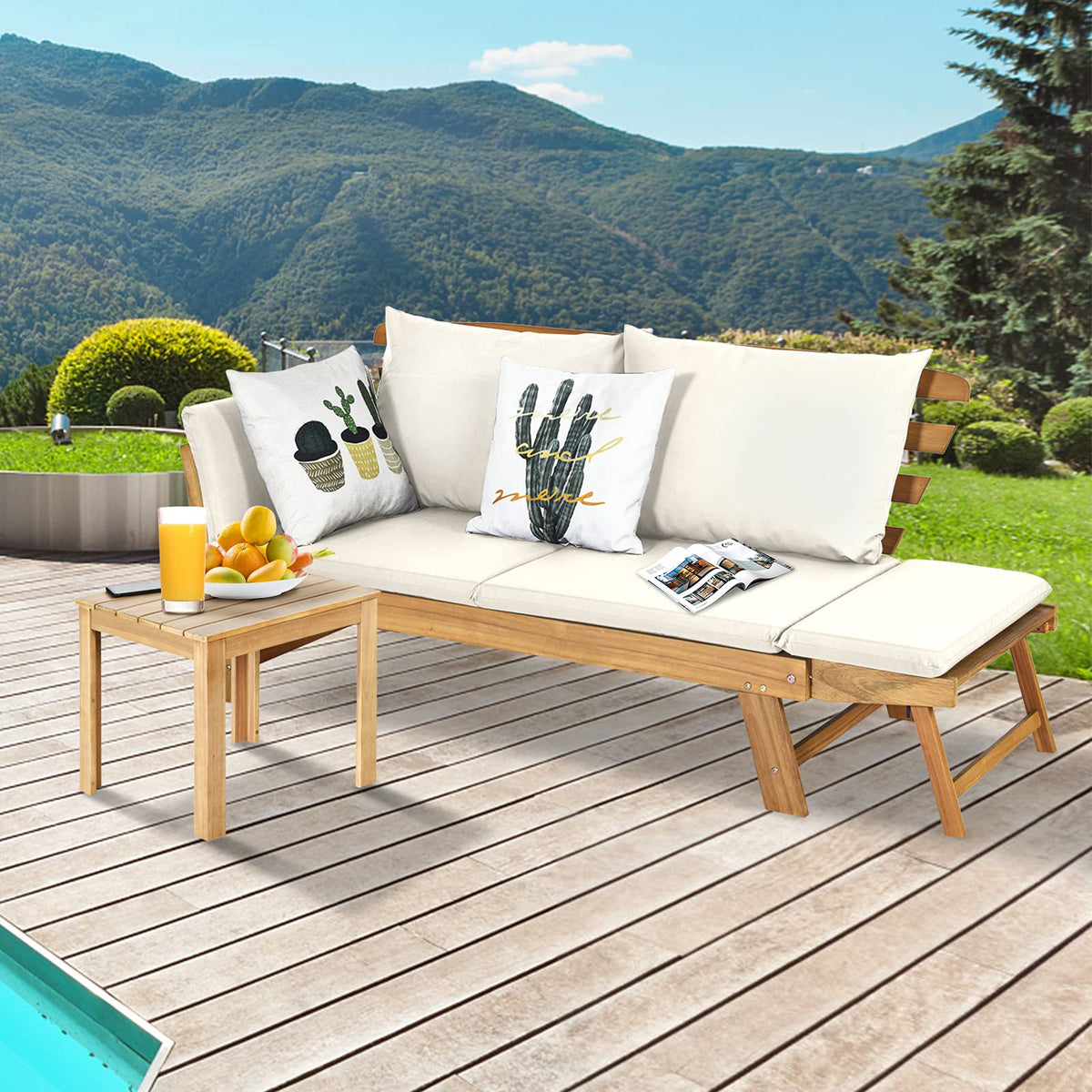 Outdoor Convertible Acacia Wood Daybed, Couch Sofa Bed w/Adjustable Armrest - image 5