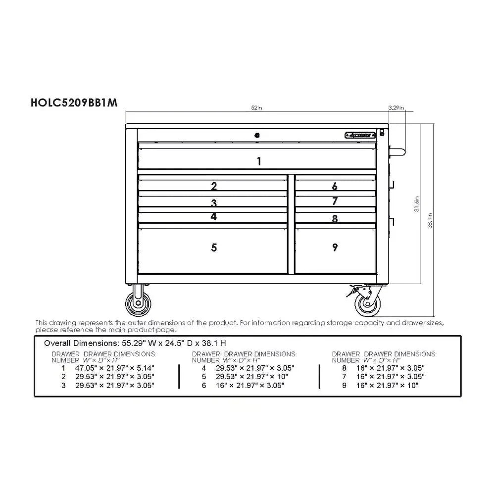 Heavy-Duty 52 in. 9-Drawer Mobile Workbench with Adjustable-Height Solid Wood Top in Matte Blue - image 3