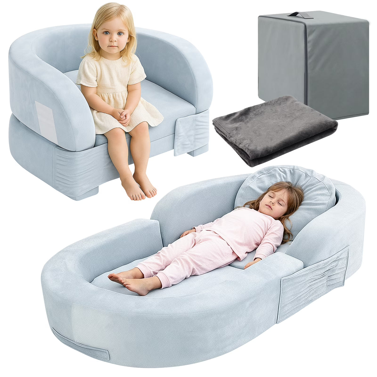 Coumy Toddler Travel Bed 2-in-1 Kids Sofa Chair with Removable Cover, Soft Foam Portable Foldable Toddler Bed for Travel with Carrying Bag, Blue - image 1