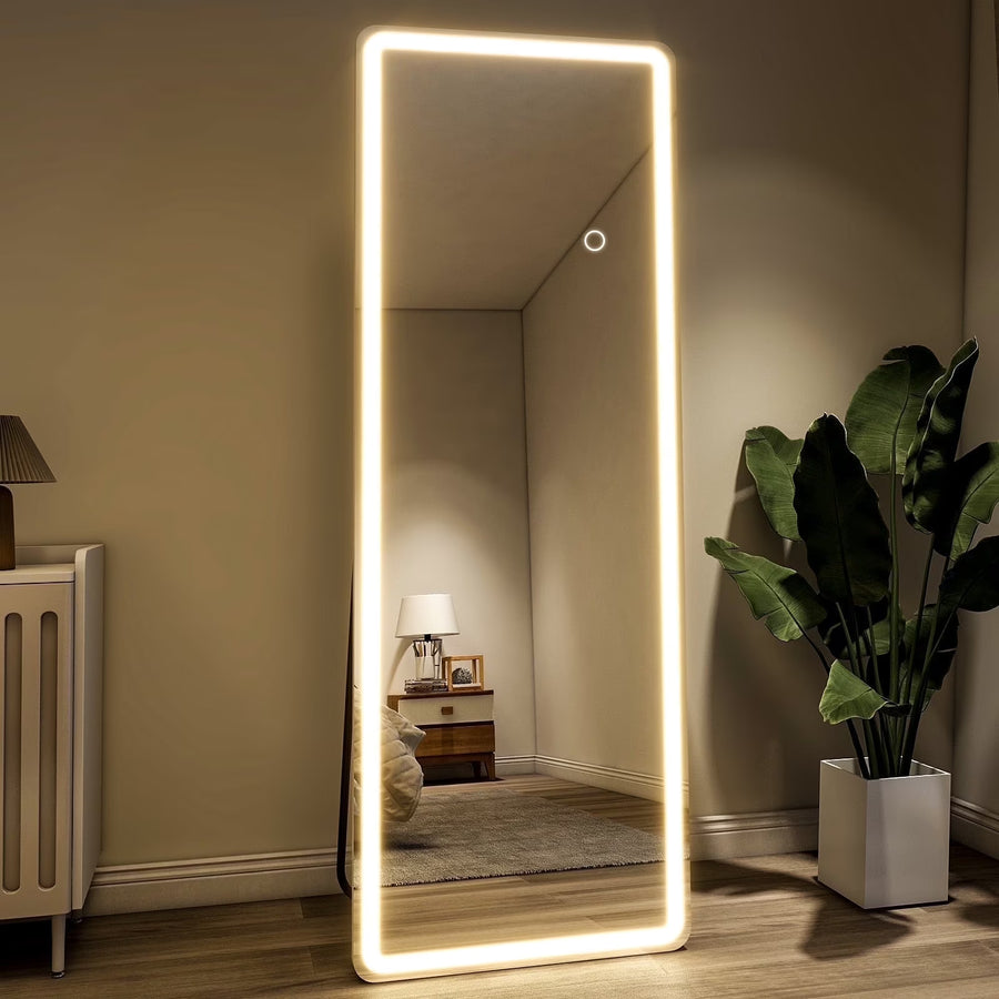 BEAUTYPEAK 64" x 21" LED Rectangular Full Length Mirror Standing Floor Mirror with Safe Corners,White - image 1