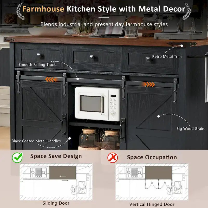 53.7-Inch Farmhouse Kitchen Island with Power Outlet, Featuring 2 Sliding Barn Doors and Drop Leaf Design - image 18