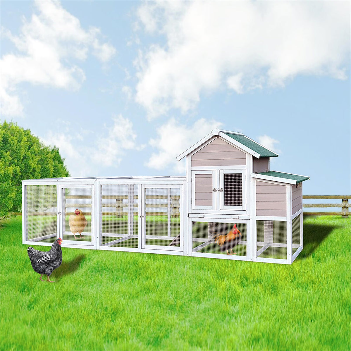 Pefilos 112" Large Rabbit Hutch Outdoor Wood Chicken Coop, Hen House with Nest Box, Wire Fence Poultry Cage, Orange - image 3