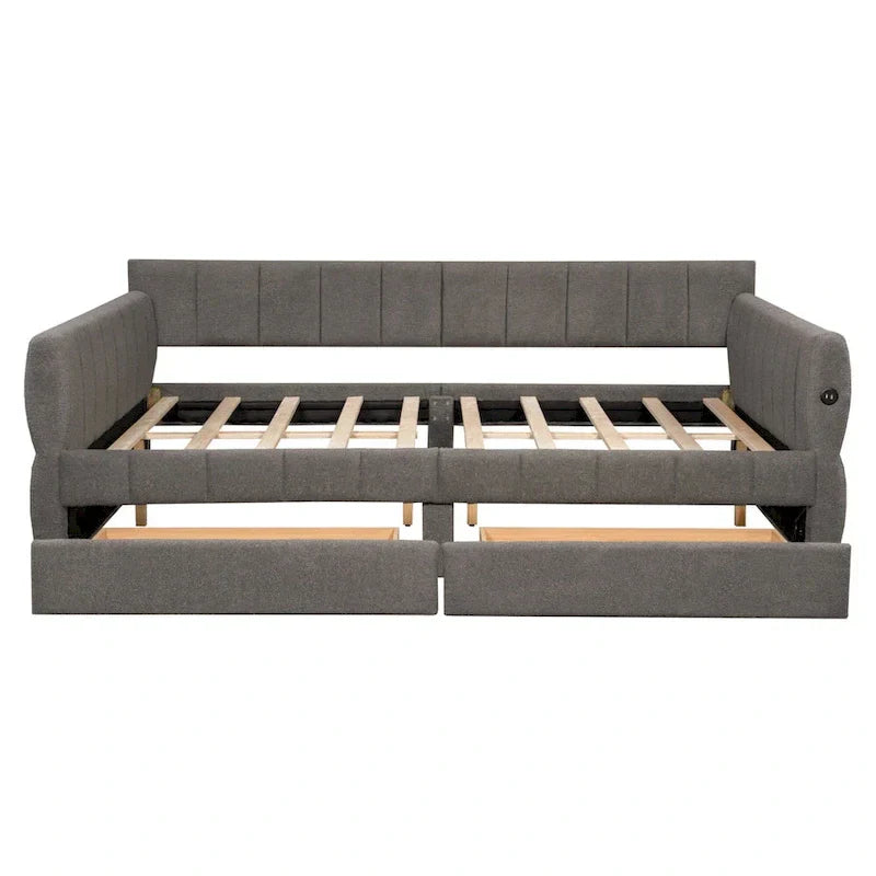Upholstered Queen Size Daybed Sofa Bed with USB Ports and 2 Drawers - Vertical Stripes Recliner Loveseat Chaise Lounge - image 24