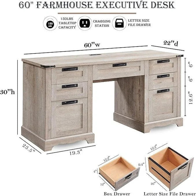 60 Farmhouse Executive Desk, Wood Home Office Desk, Computer Desk - image 26