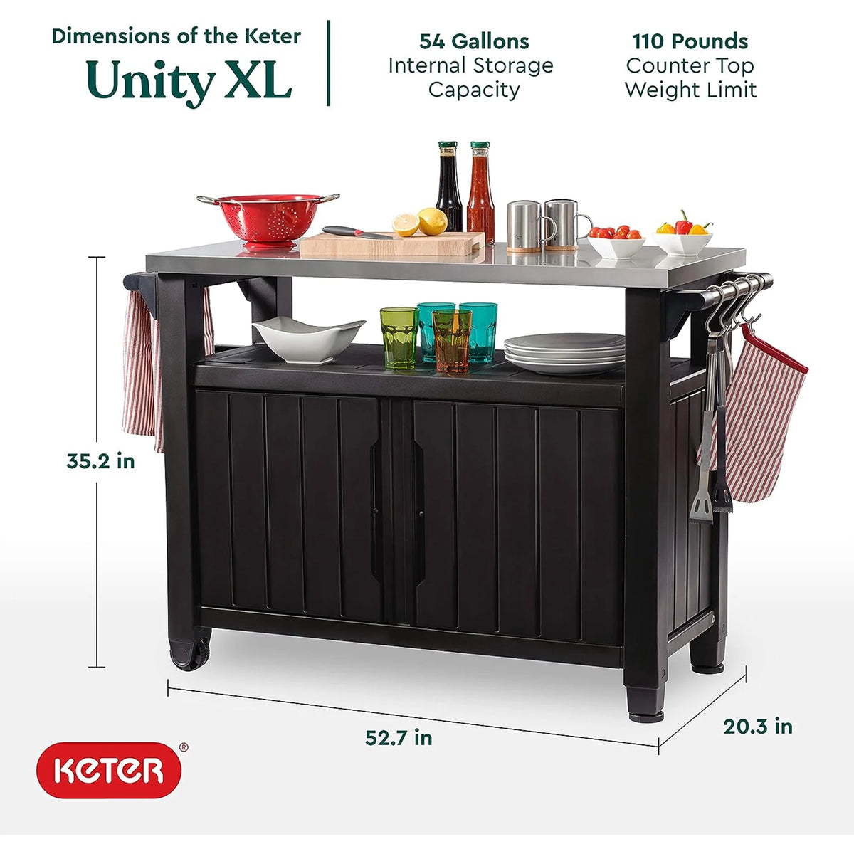 Keter Unity XL Outdoor Durable Kitchen Rolling Bar Cart with Storage Cabinet, Brown - image 3