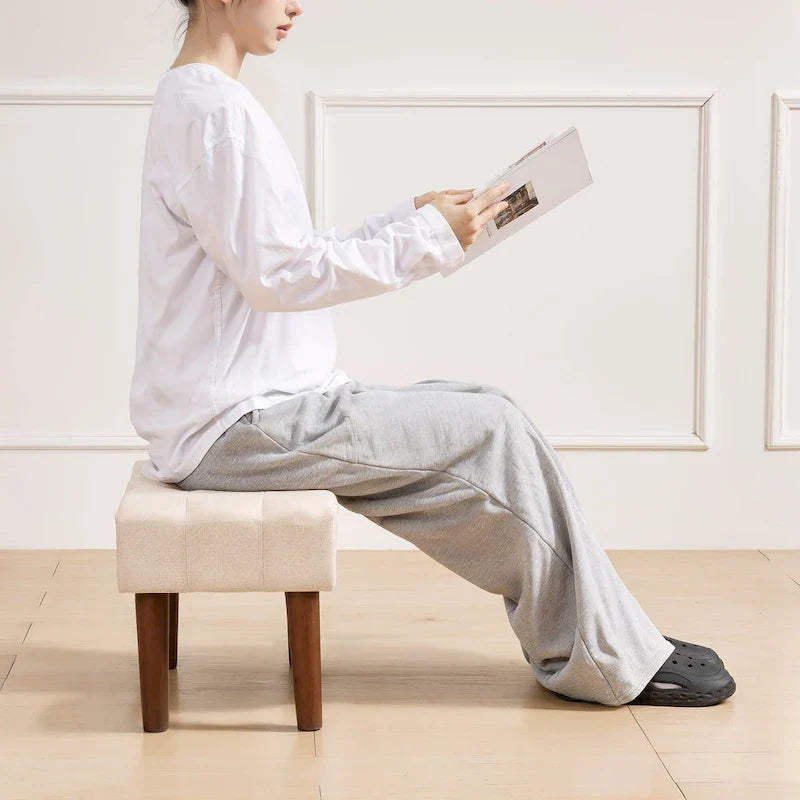 Set of 2 Small Linen Foot Stools with Legs - Rectangle Upholstered Ottoman Footrests - image 28