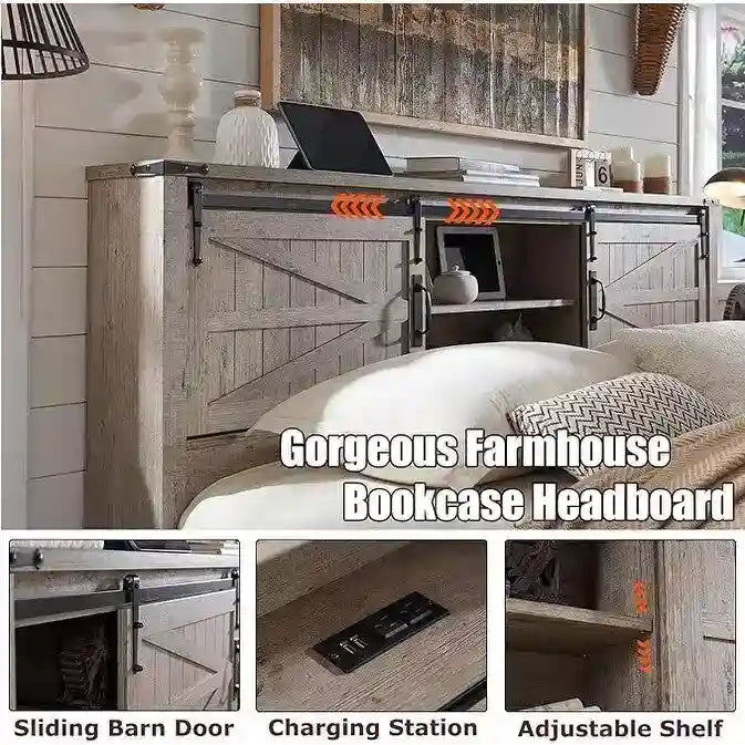 Farmhouse Full Bed Frame with Storage Shelves and Built-in Charging Station - image 33