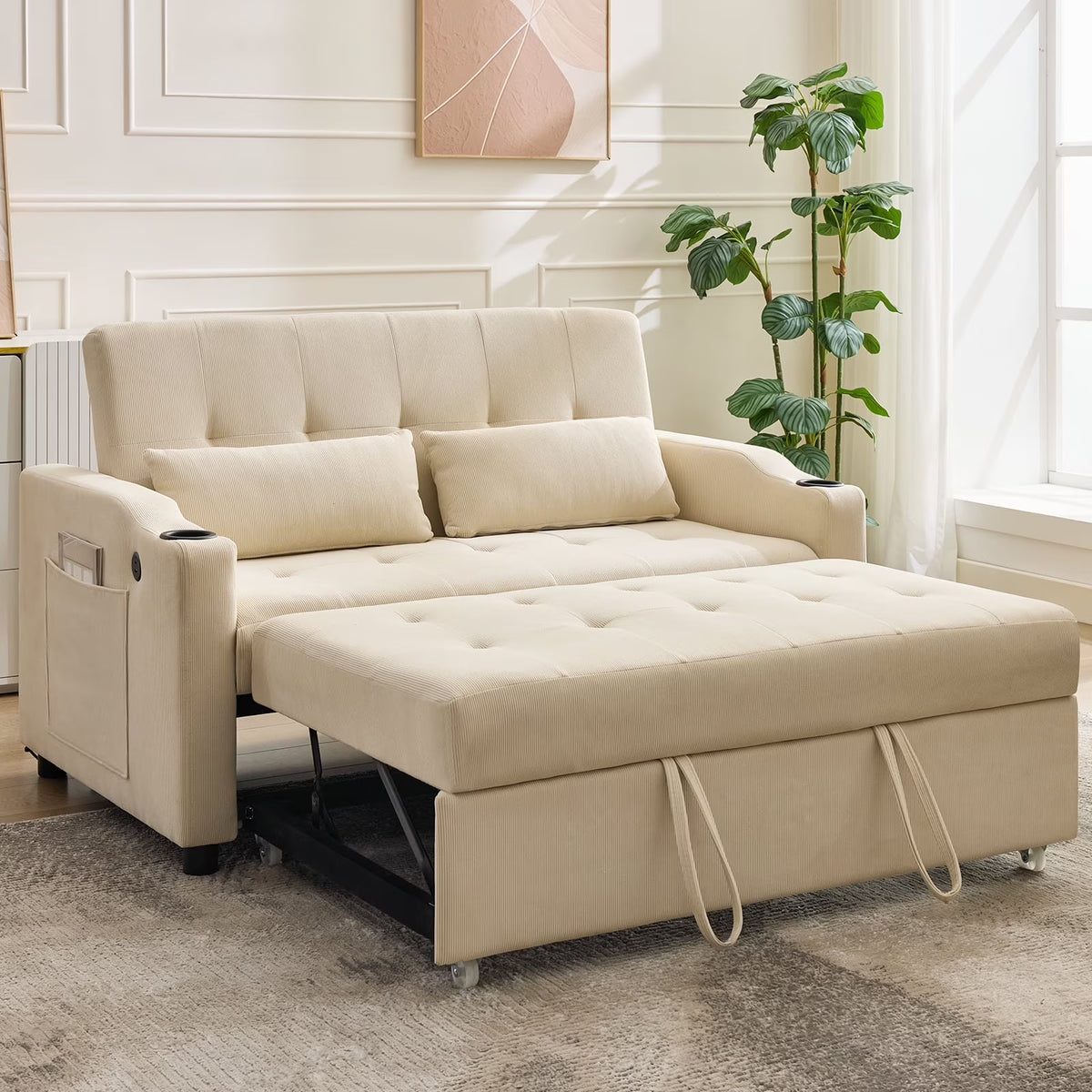 3 in 1 Convertible Sleeper Sofa Bed, Corduroy Futon Couches with Pull-Out Bed, Adjustable Backrest, Charging Port & Side Pockets, Modern Upholstered Sofa for Living Room, Guest Room - image 3