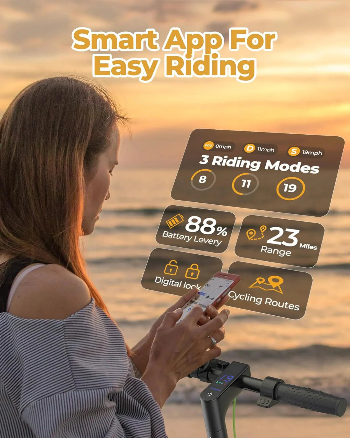 Electric Scooter - 8.5" Solid Tires, 350W Motor, Up to 19 MPH and 21-23 Miles Long-Range Portable Foldable Commuting Scooter for Adults with Double Braking System and App - image 18