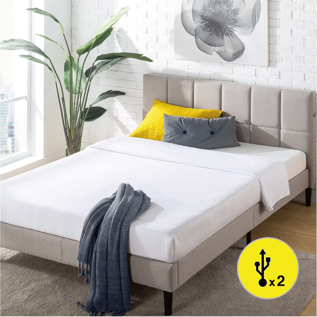 Zinus Lottie 35" Upholstered Platform Bed Frame with USB Ports, Grey, Queen - image 6