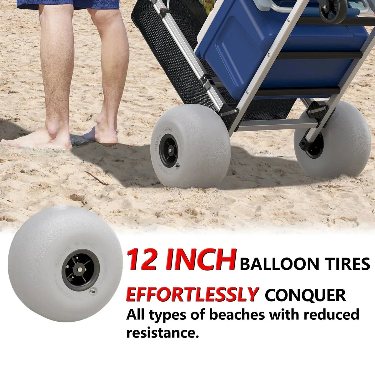 GDLF Foldable Beach Cart with Adjustable Handle and 12" Balloon Wheels, Heavy Duty Aluminum 220LBS Capacity - image 6