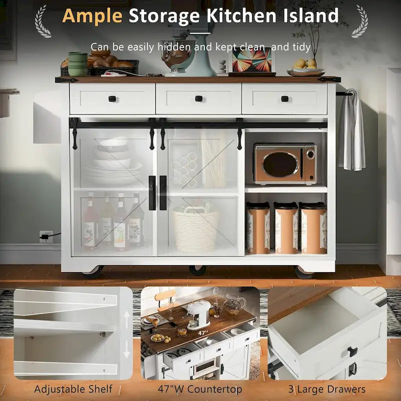 53.7-Inch Farmhouse Kitchen Island with Power Outlet, Featuring 2 Sliding Barn Doors and Drop Leaf Design - image 6