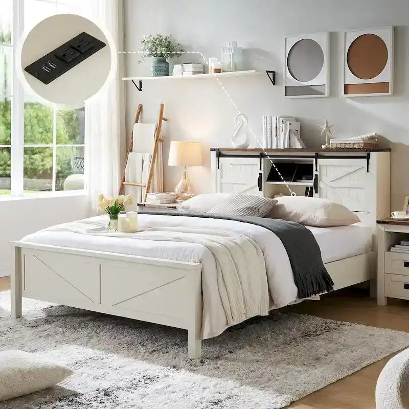 Farmhouse Full Bed Frame with Storage Shelves and Built-in Charging Station - image 1