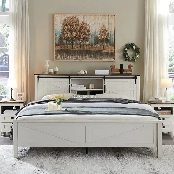 Farmhouse Full Bed Frame with Storage Shelves and Built-in Charging Station - image 14