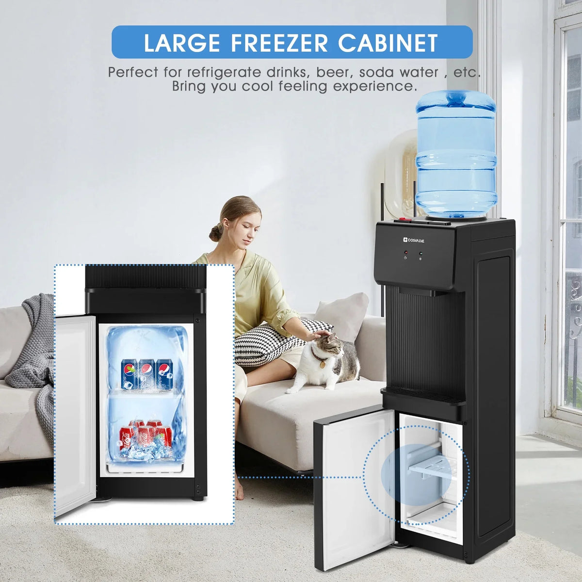 COSVALVE 5 Gallon Hot & Cold Top Loading Water Dispenser Cooler with Freezer Cabinet, Child Safety Lock - image 4