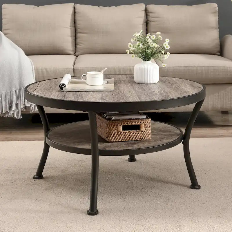 Myhozm Industrial Round Metal Coffee Table with Shelf – Perfect for Living Room, Home Office, and Bedroom - image 4
