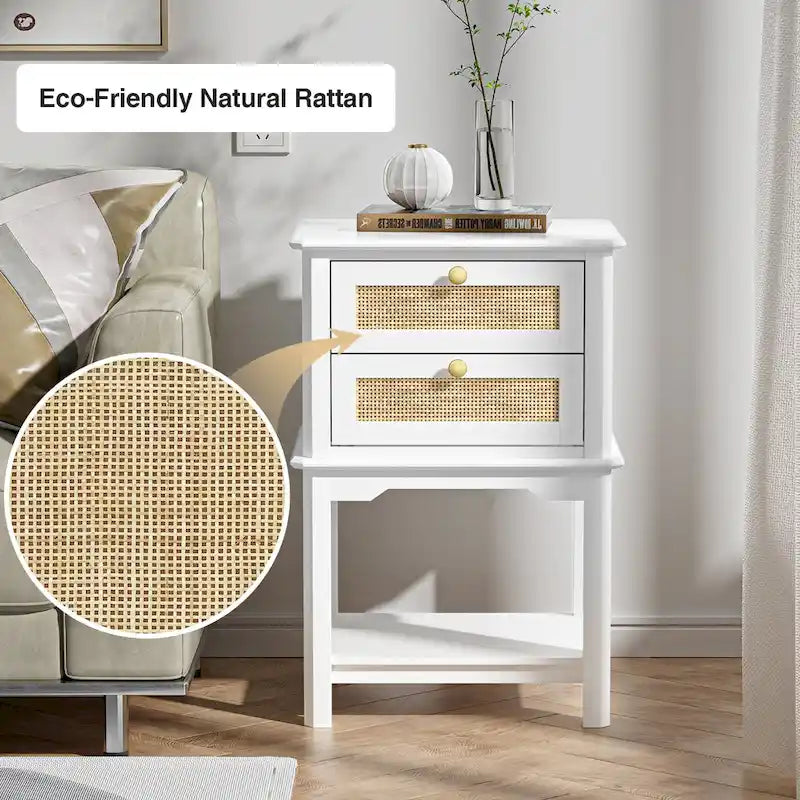 Contemporary 27.95" Tall White 2-Drawer Nightstand with Wood and Rattan, Featuring a Storage Shelf for Bedroom - image 3