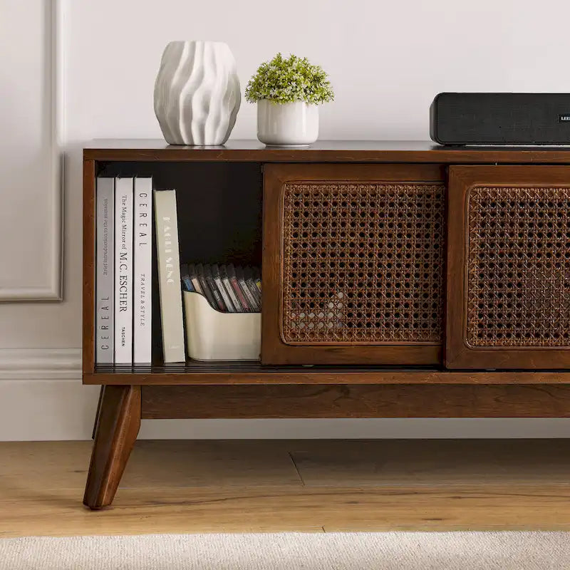 Mid Century TV Stand with Rattan Sliding Doors and Open Shelves - image 5