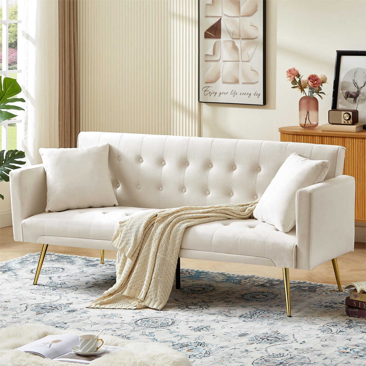 Leumius Velvet Futon Sofa Bed Mid-Century Modern Adjustable Backrest with Pillows, Gray/Gold - image 3