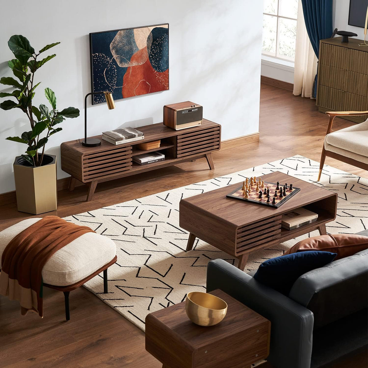 Mopio Ensley Mid Century Modern Rectangle Coffee Table with Dual Storage Shelf, Wood Slat Sliding Door, & Rounded Edge Protection for Living Room, Walnut Grain - image 6