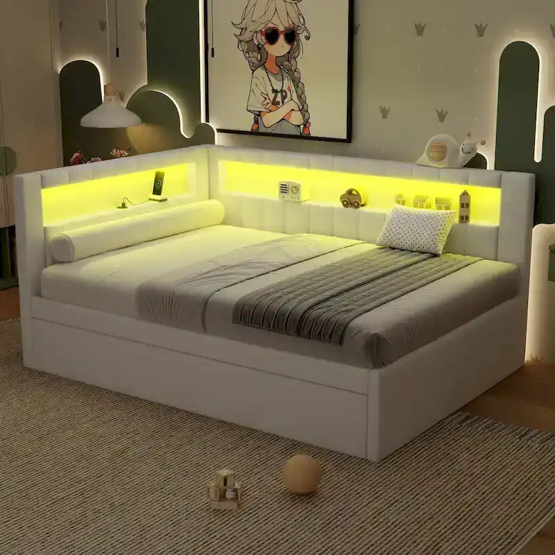 Upholstered Platform Bed with USB Ports & LED Lighting - Full/Twin Size Bed Frame with 2 Storage Drawers - Modern Bedroom - image 23