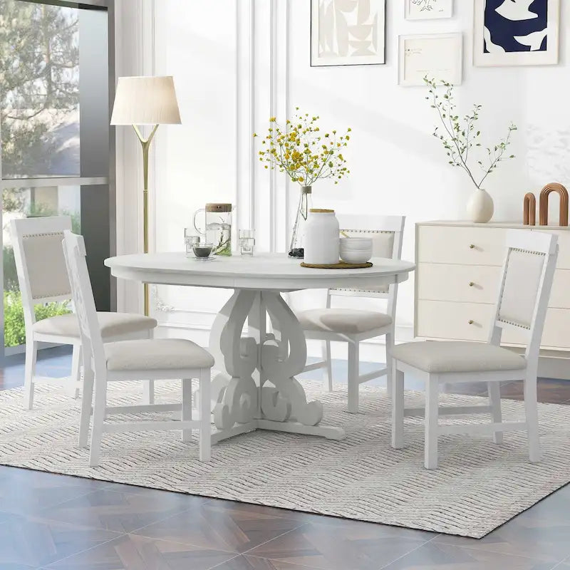 Vintage White 5-Piece Wooden Dining Set with Extendable Table and 4 Chairs - image 2