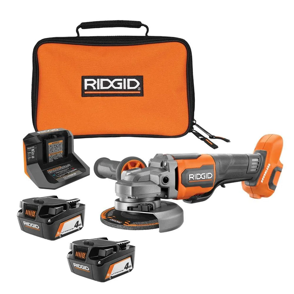 RIDGID 18V Brushless Cordless 4-1/2 in. Paddle Switch Angle Grinder with (2) 4.0 Ah Batteries, Charger, and Bag R86047B-AC93044SBN - image 1