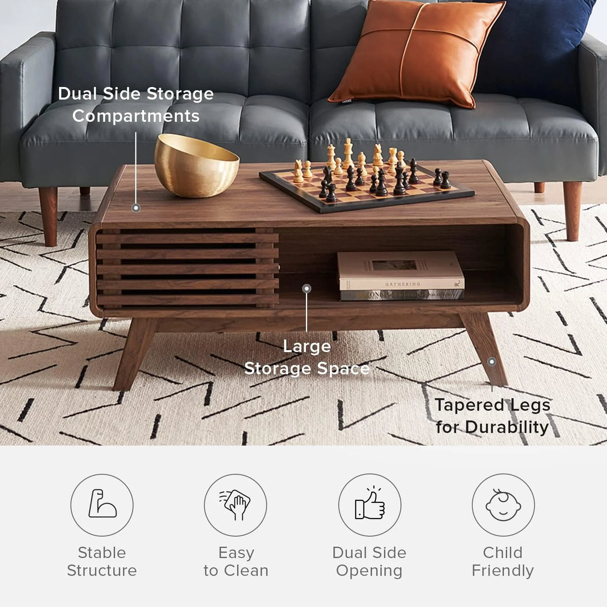Mopio Ensley Mid Century Modern Rectangle Coffee Table with Dual Storage Shelf, Wood Slat Sliding Door, & Rounded Edge Protection for Living Room, Walnut Grain - image 8