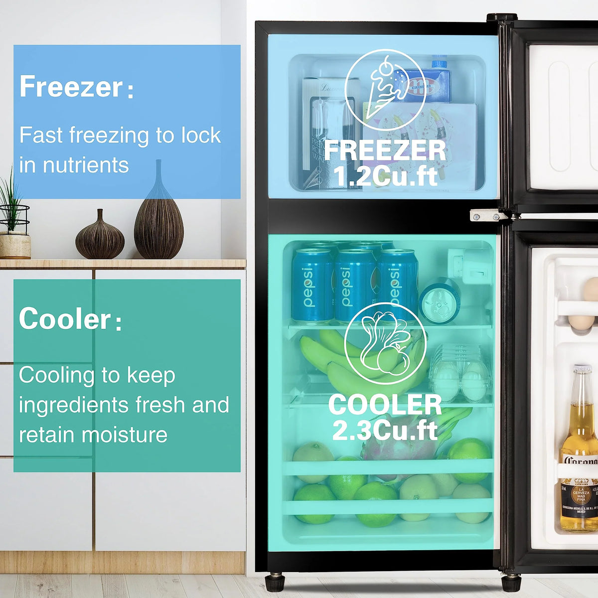 Harper & Bright Designs Double Door Mini Fridge with Freezer, 3.2 Cu.Ft Compact Refrigerator with Adjustable Shelf, Adjustable Thermostat and Reversible Door for Bedroom, Dorm, Home Office, White - image 32