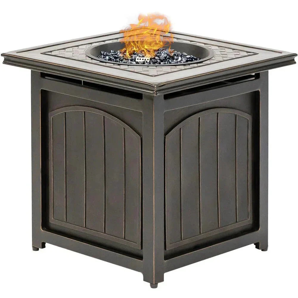 2025 5-piece steel patio fire pit seating set with navy blue cushions, swivel gliders and square fire pit table - image 15